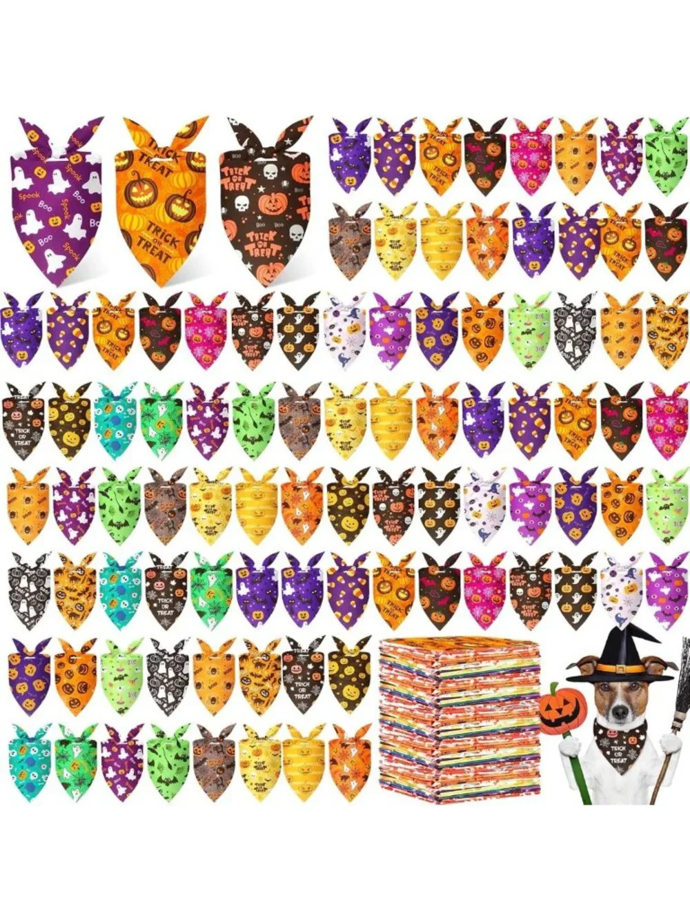 200 Pcs Halloween Dog Bandanas - Pumpkin, Ghost, Bat & Spider Web Designs
